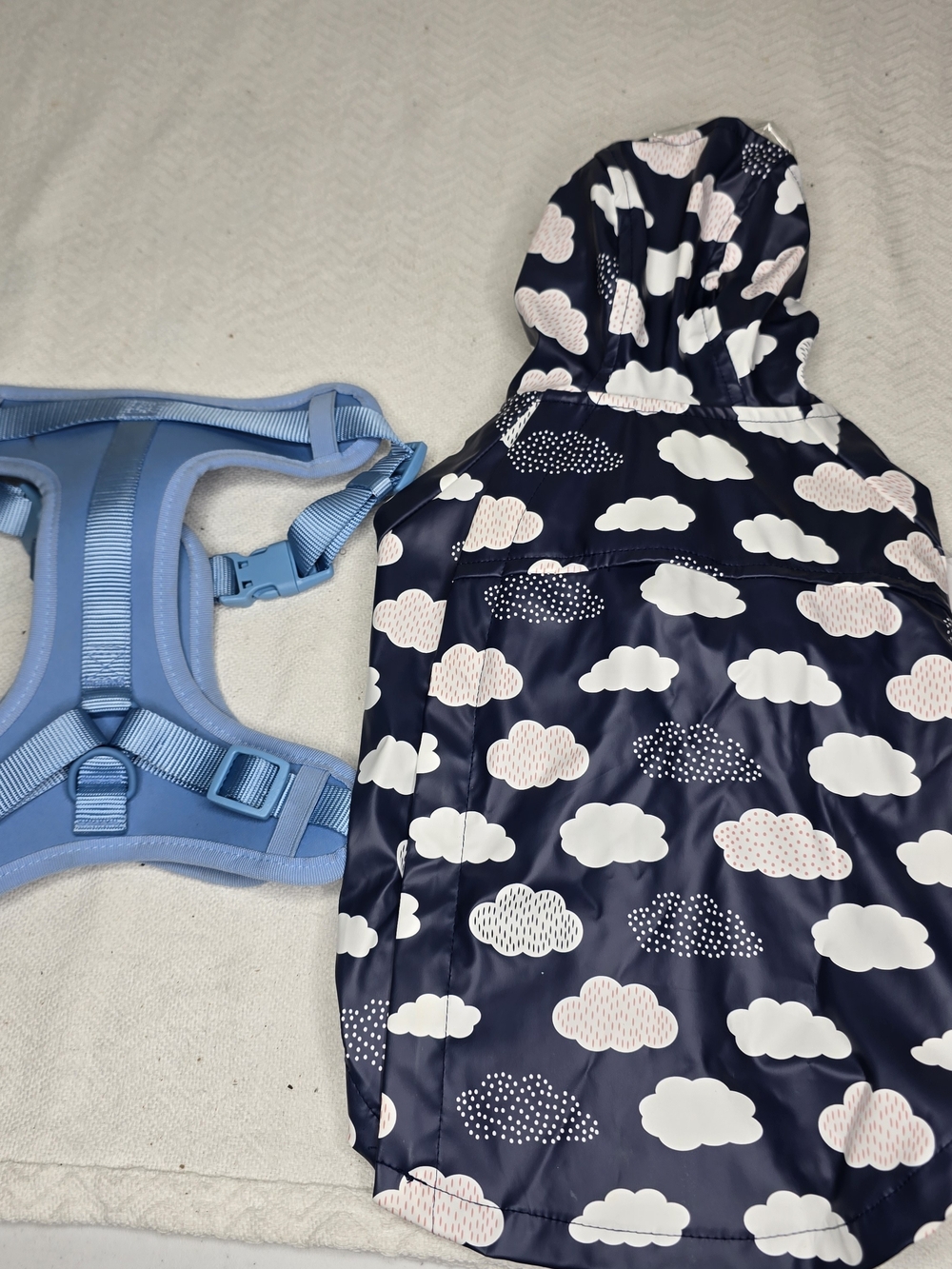 Cloud Print Navy Dog Raincoat with Light Blue Harness